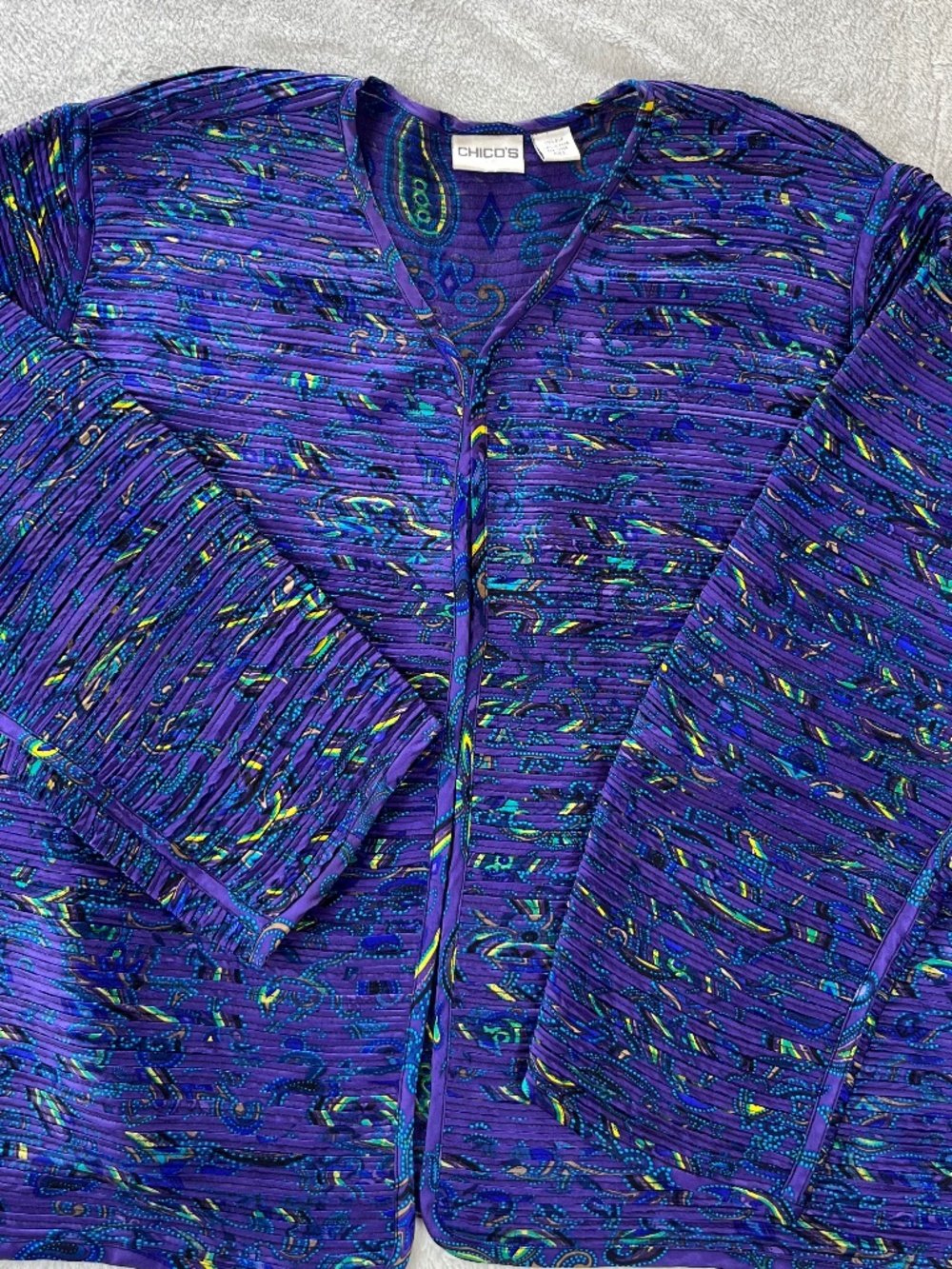 Chico's Lightweight Textured Open Front Paisley Cardigan Artsy 100% Silk EUC